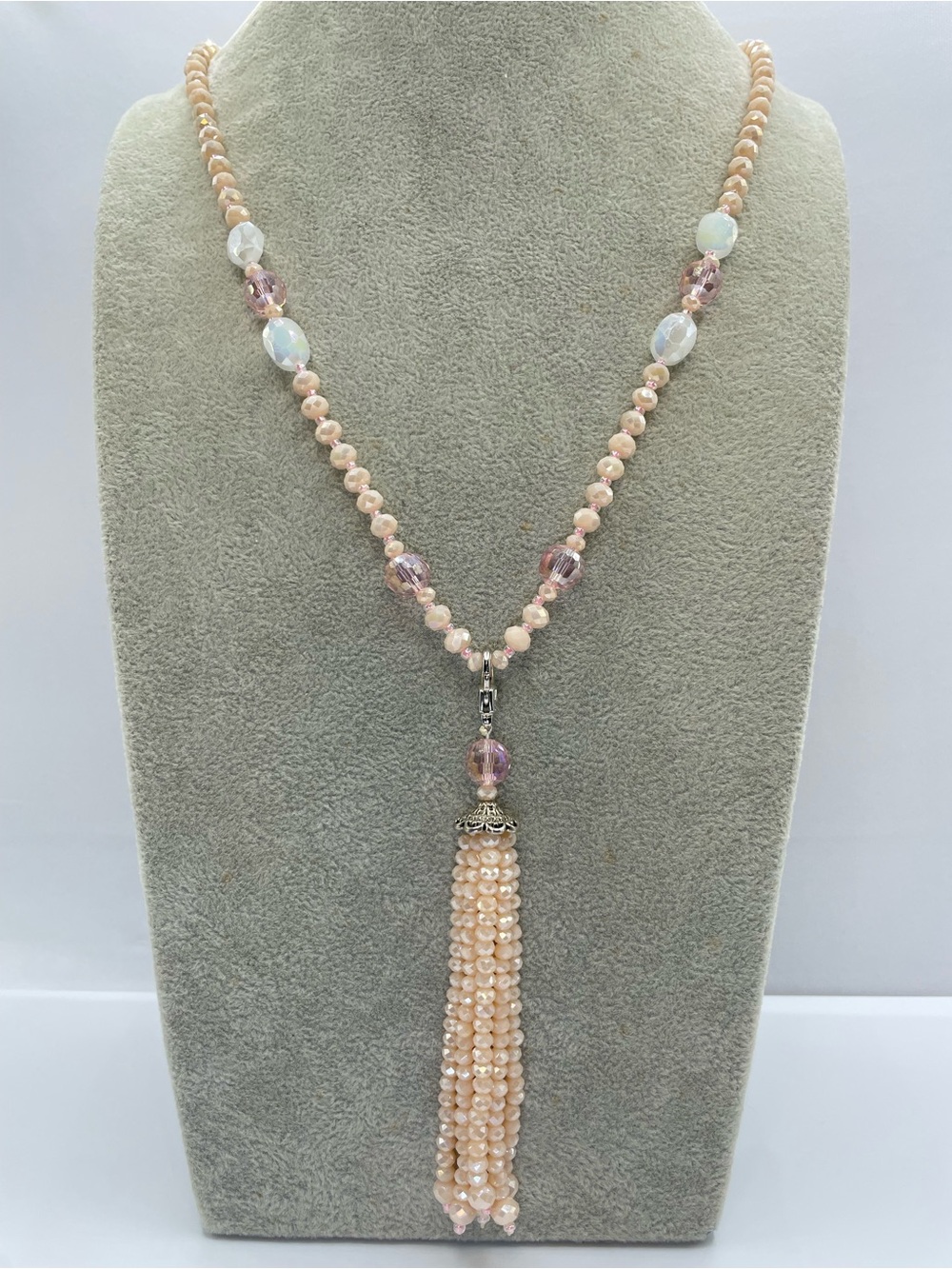 Pink White Crystal Glass Beaded Tassel Pendant Necklace Removable Statement